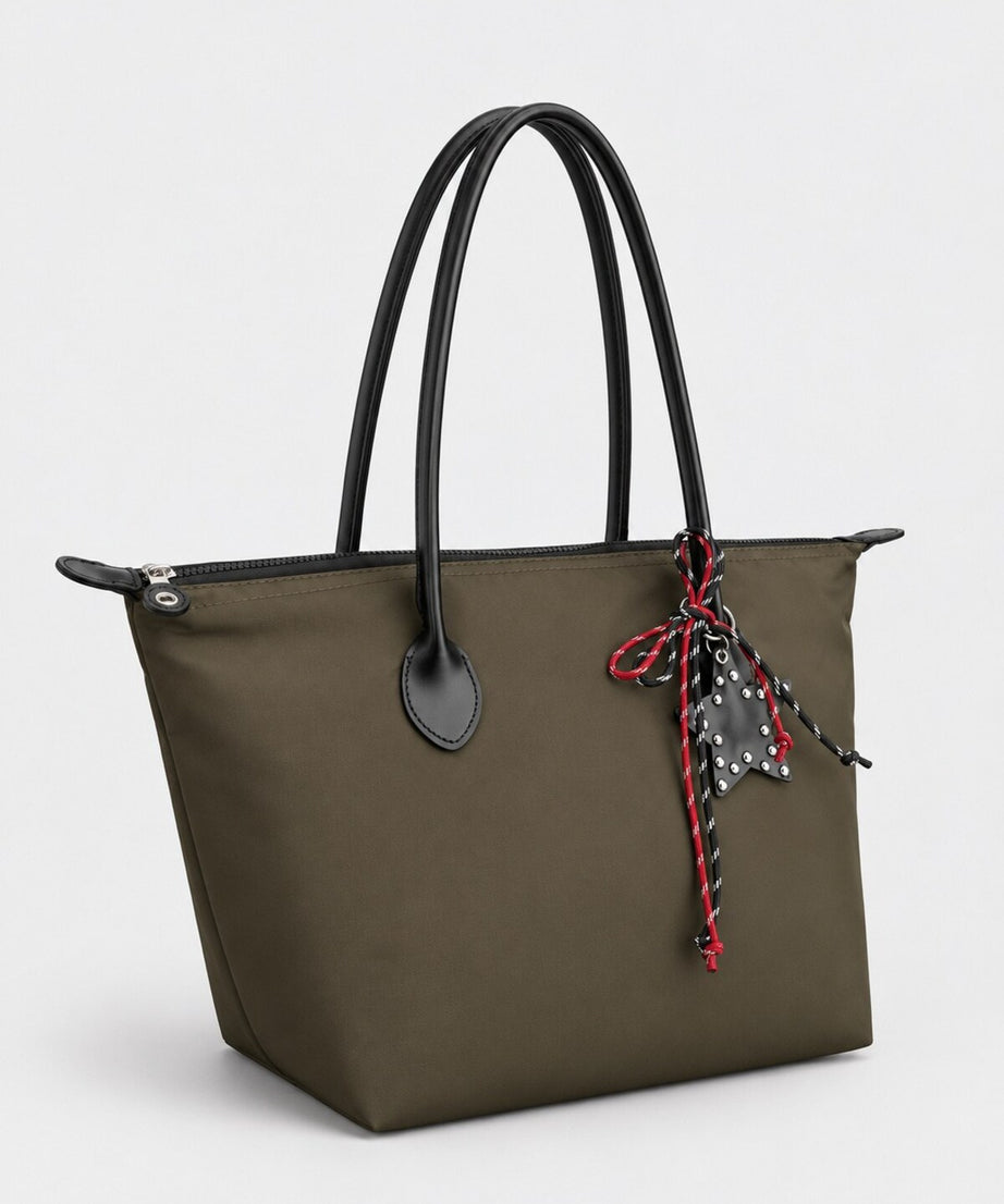 Kadın Süslemeli Fermuarlı Shopper Omuz Çantası - HAKİ