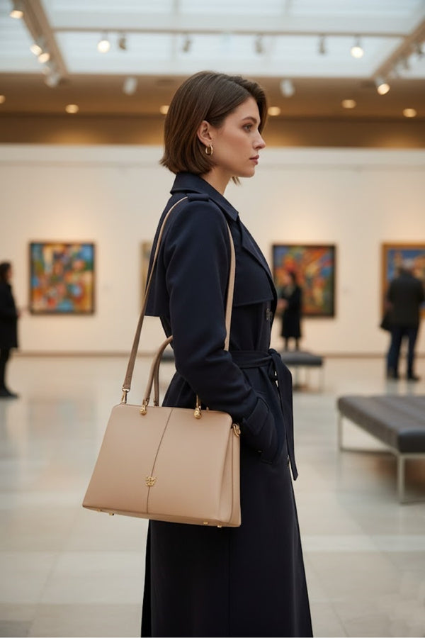 Kadın Çantası - Vizon Çift Gözlü Gold Detaylı El ve Omuz Çantası 930931 - Görsel 1