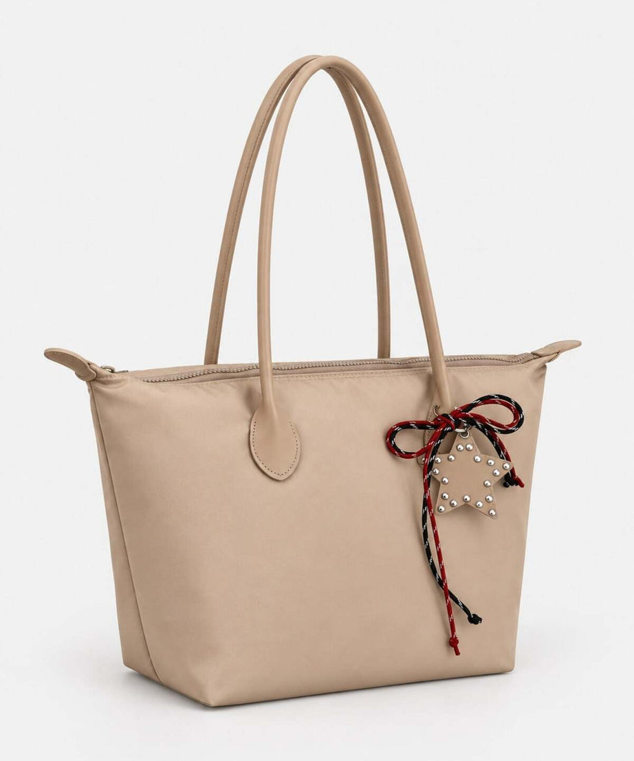 Kadın Süslemeli Fermuarlı Shopper Omuz Çantası - VİZON