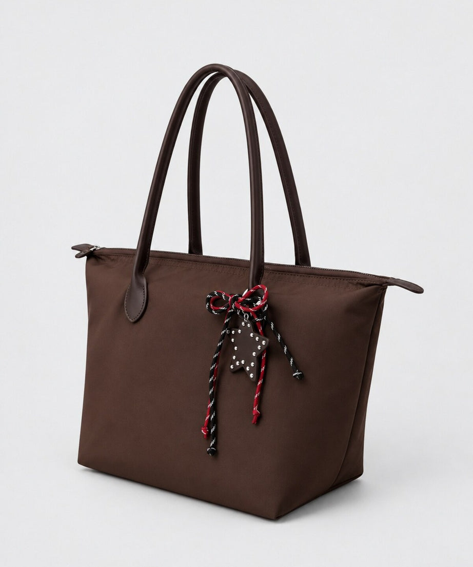 Kadın Süslemeli Fermuarlı Shopper Omuz Çantası - KAHVERENGİ