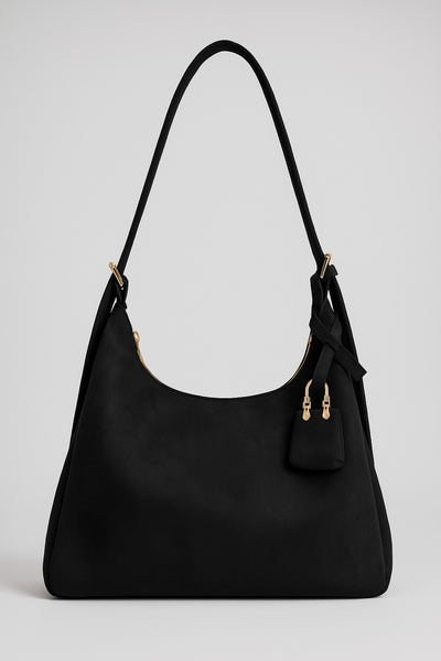 Kadın Omuz Çantası Bordo Salaş Astarlı Fermuarlı Ayarlanabilir charmlı kadın çantası Lisa - Siyah süet