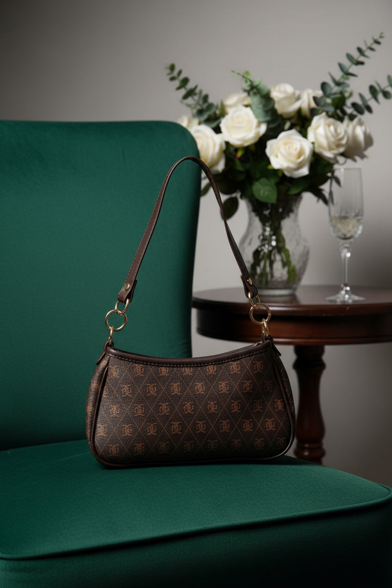 Monogram Baget & Çapraz Çanta – Suni Deri, Metal Aksesuarlar, Kahverengi