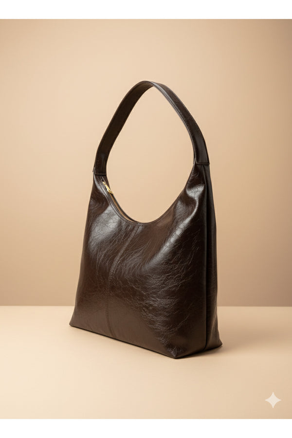 Kadın Omuz Çantası kırışık deri kahve fermuarlı astarlı omuz çantası