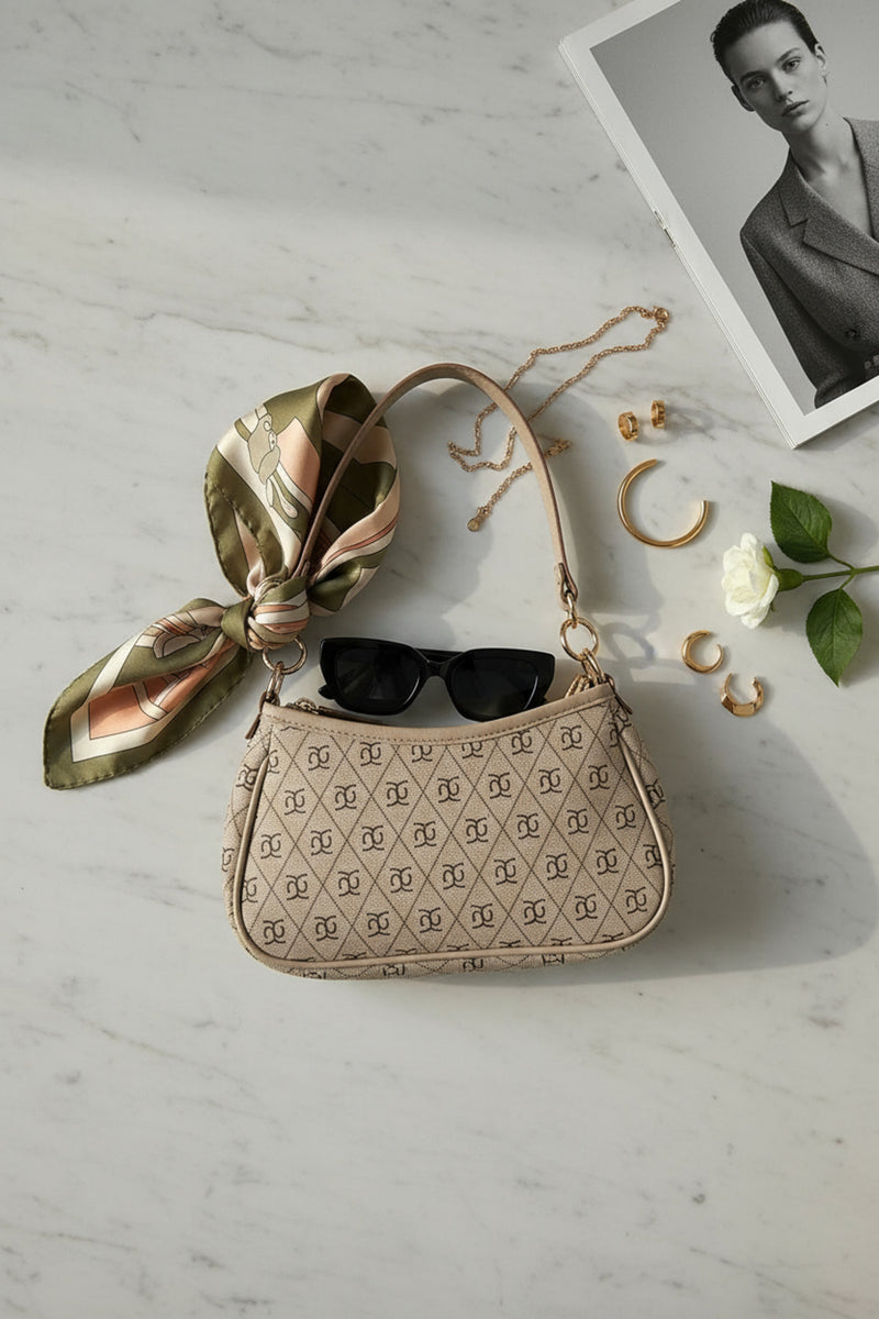 Monogram Baget & Çapraz Çanta – Suni Deri, Metal Aksesuarlar, Kahverengi