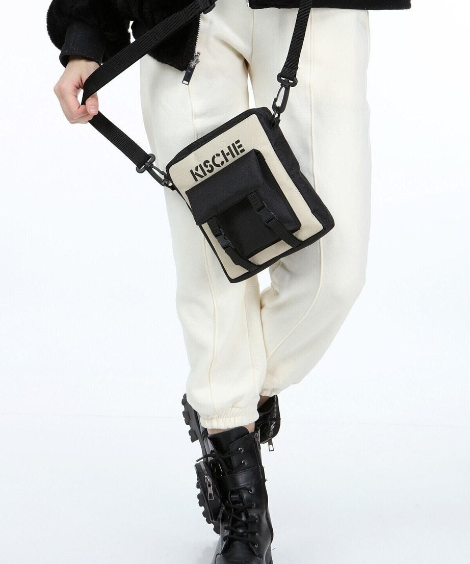 Siyah-bej Cep Detaylı Unisex Spor Askılı Omuz Çantası