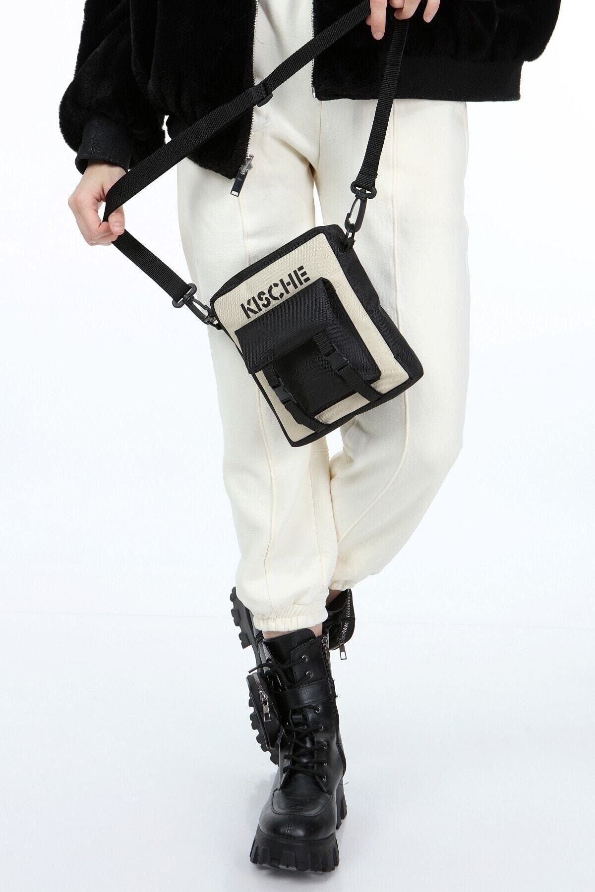 Siyah-bej Cep Detaylı Unisex Spor Askılı Omuz Çantası