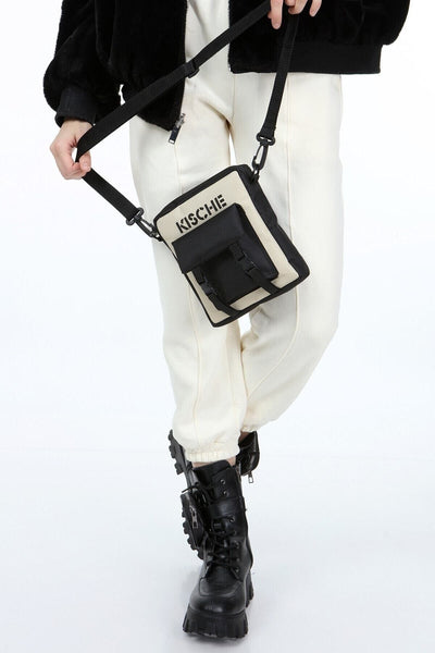 Siyah-bej Cep Detaylı Unisex Spor Askılı Omuz Çantası