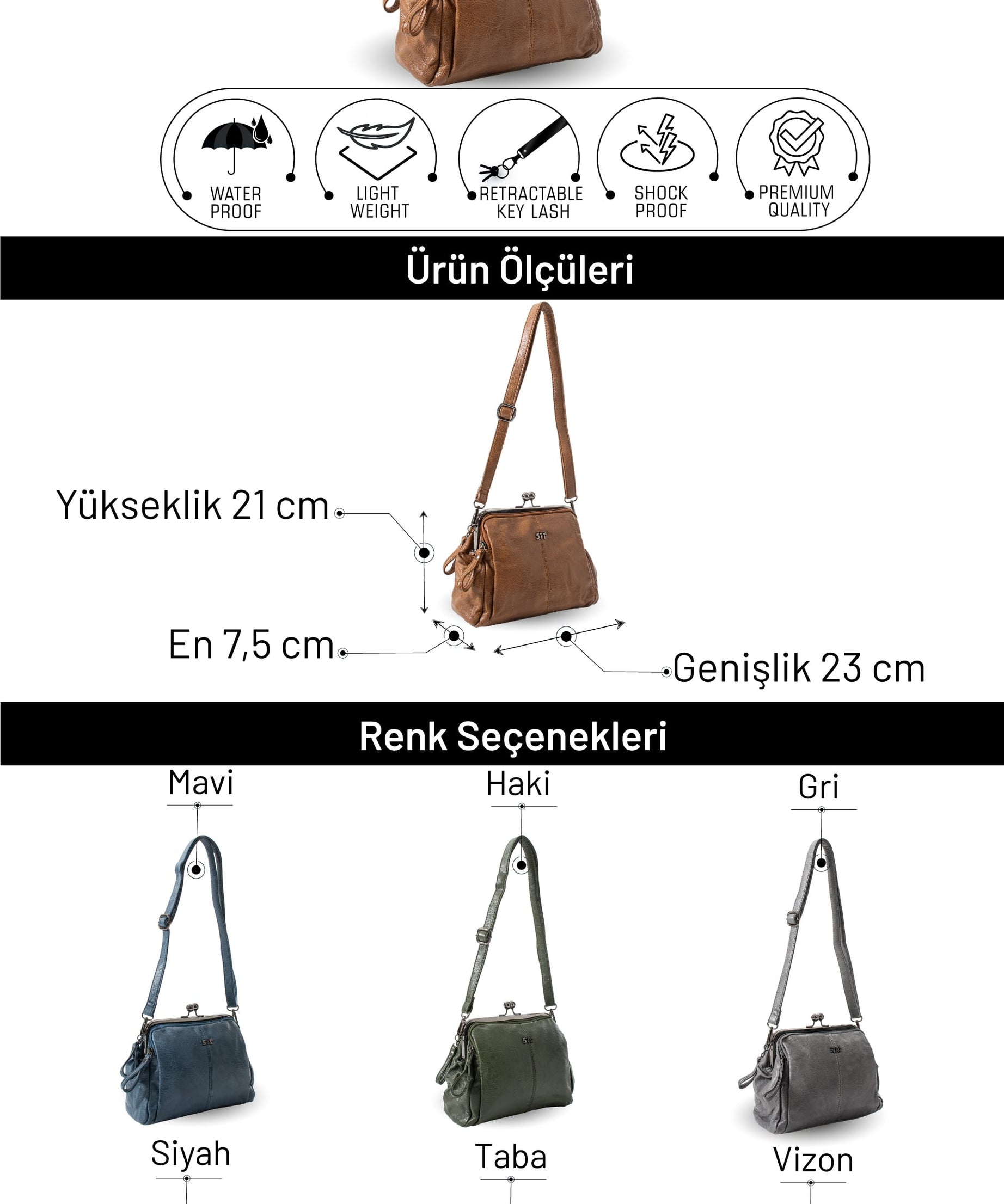 Yıkama Deri Klipsli Fermuarlı 3 Bölmeli Burslu Omuz Çantası (571-13T)