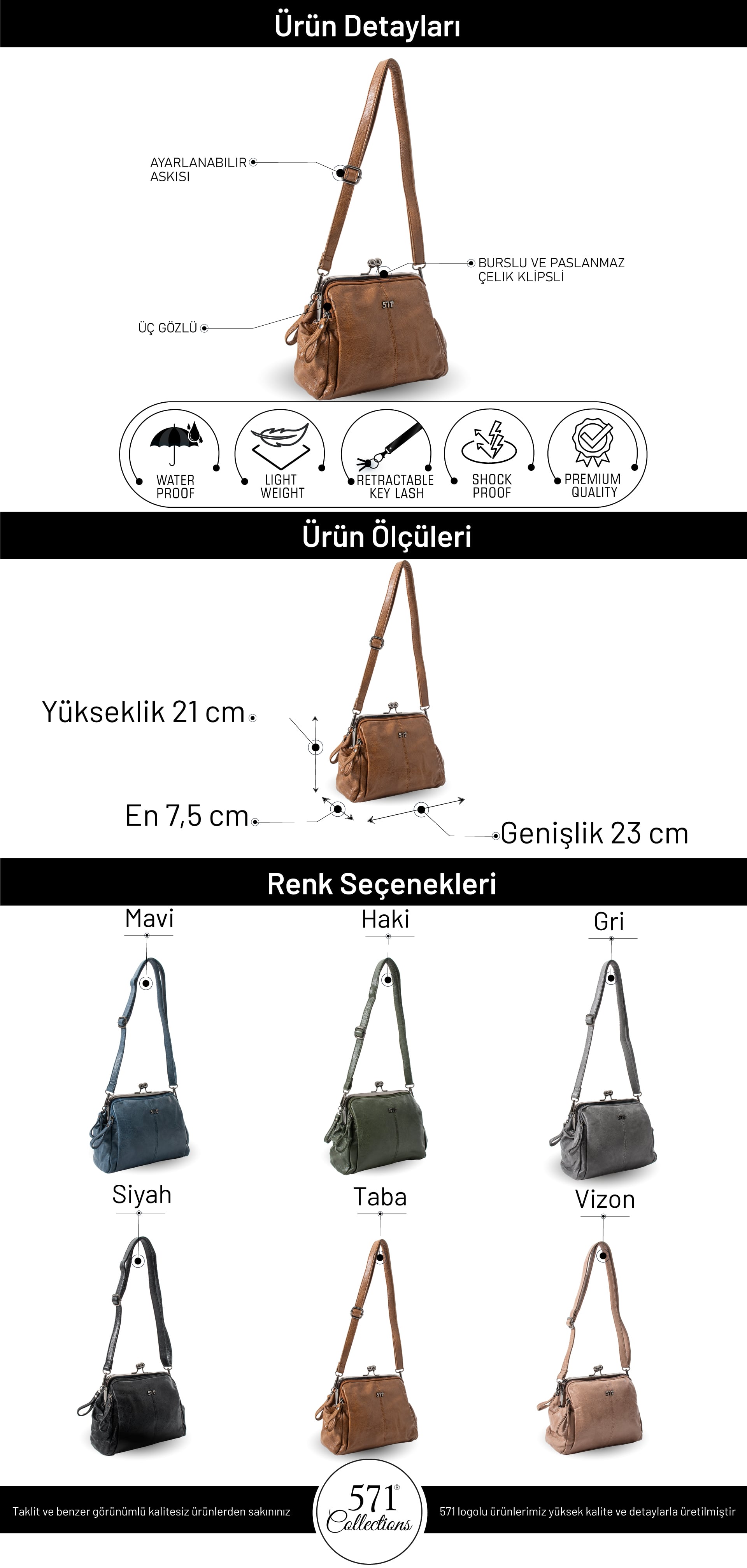 Yıkama Deri Klipsli Fermuarlı 3 Bölmeli Burslu Omuz Çantası (571-13T)