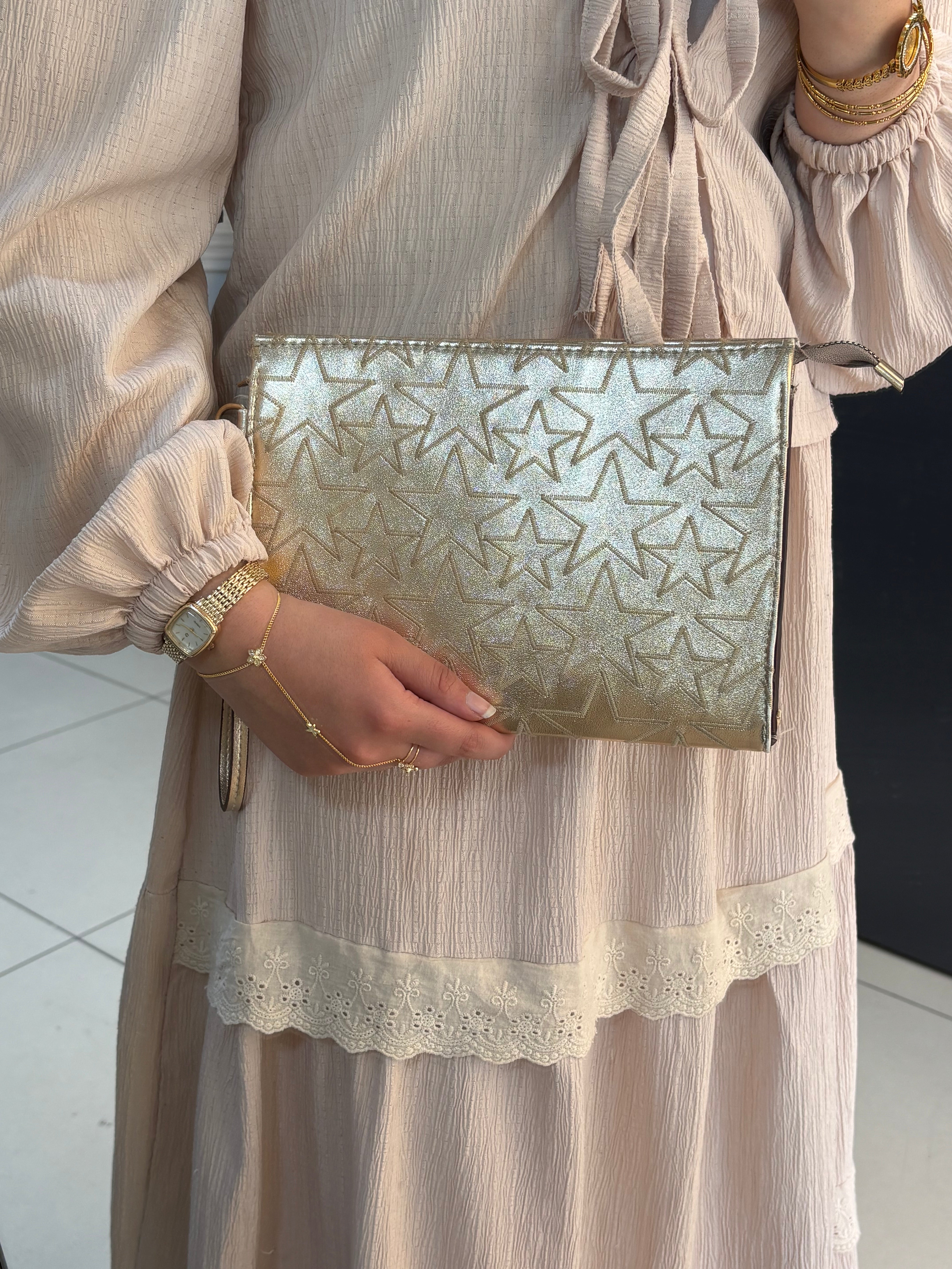 Kadın Baskılı Kadın Clutch El Çantası portföy ponny  yıldız desen KSCH-4076