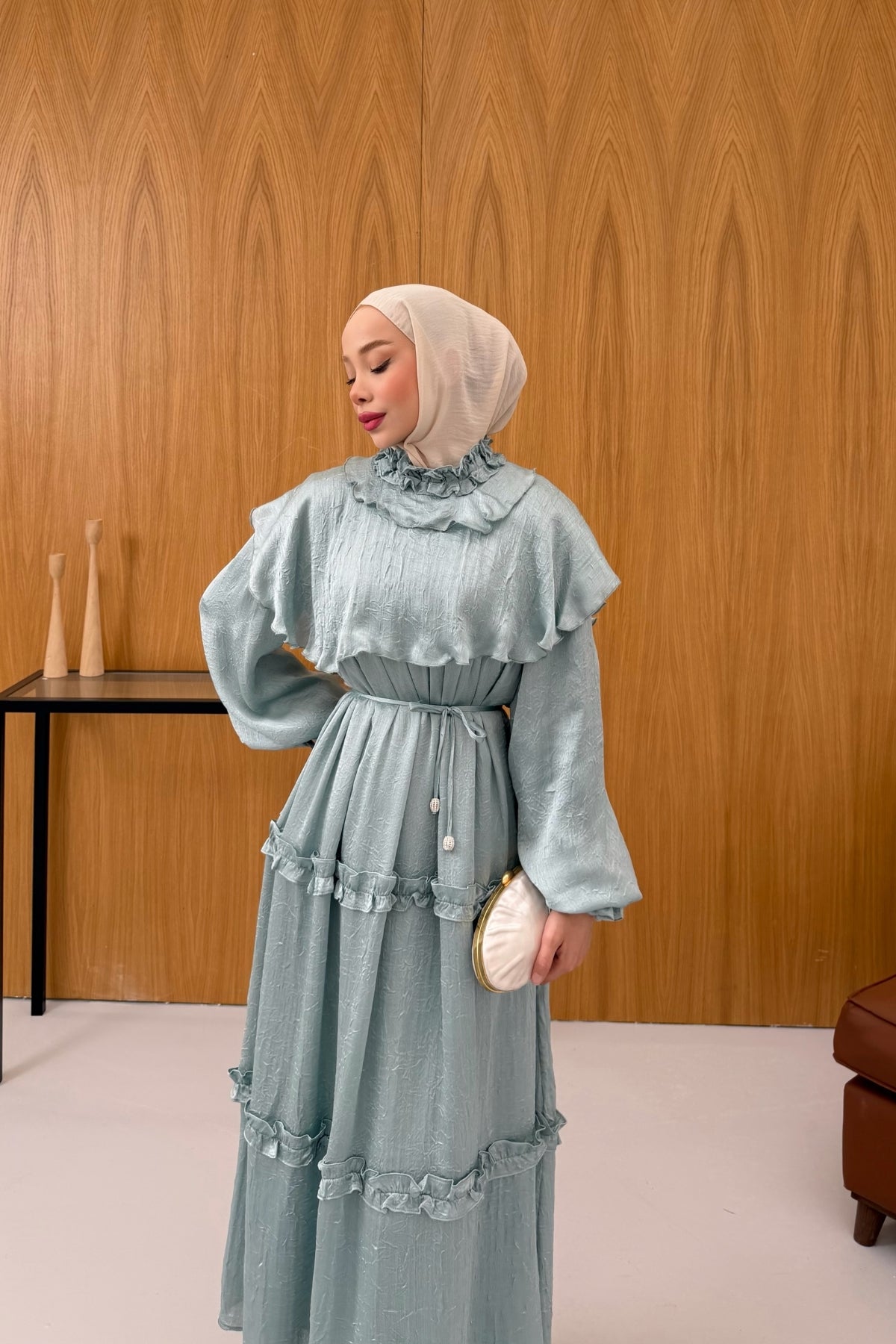 Büzgü Detaylı Saten Kıraş Elbise KSCH-26011