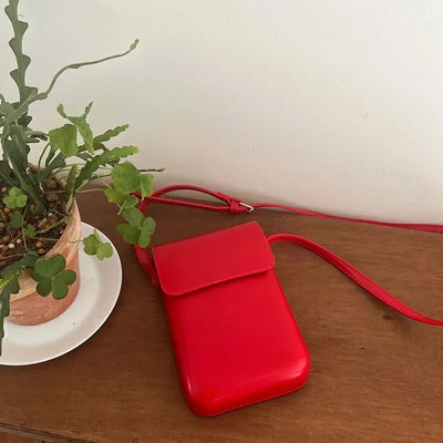 Kadın Mini PU Deri Omuz Çantaları ve Cüzdanları, Kızlar ve Bayanlar İçin Telefonlu Basit Tasarım Çanta - Kırmızı
