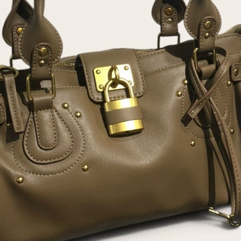 B38022 Taupe bayan çanta kilit detayı