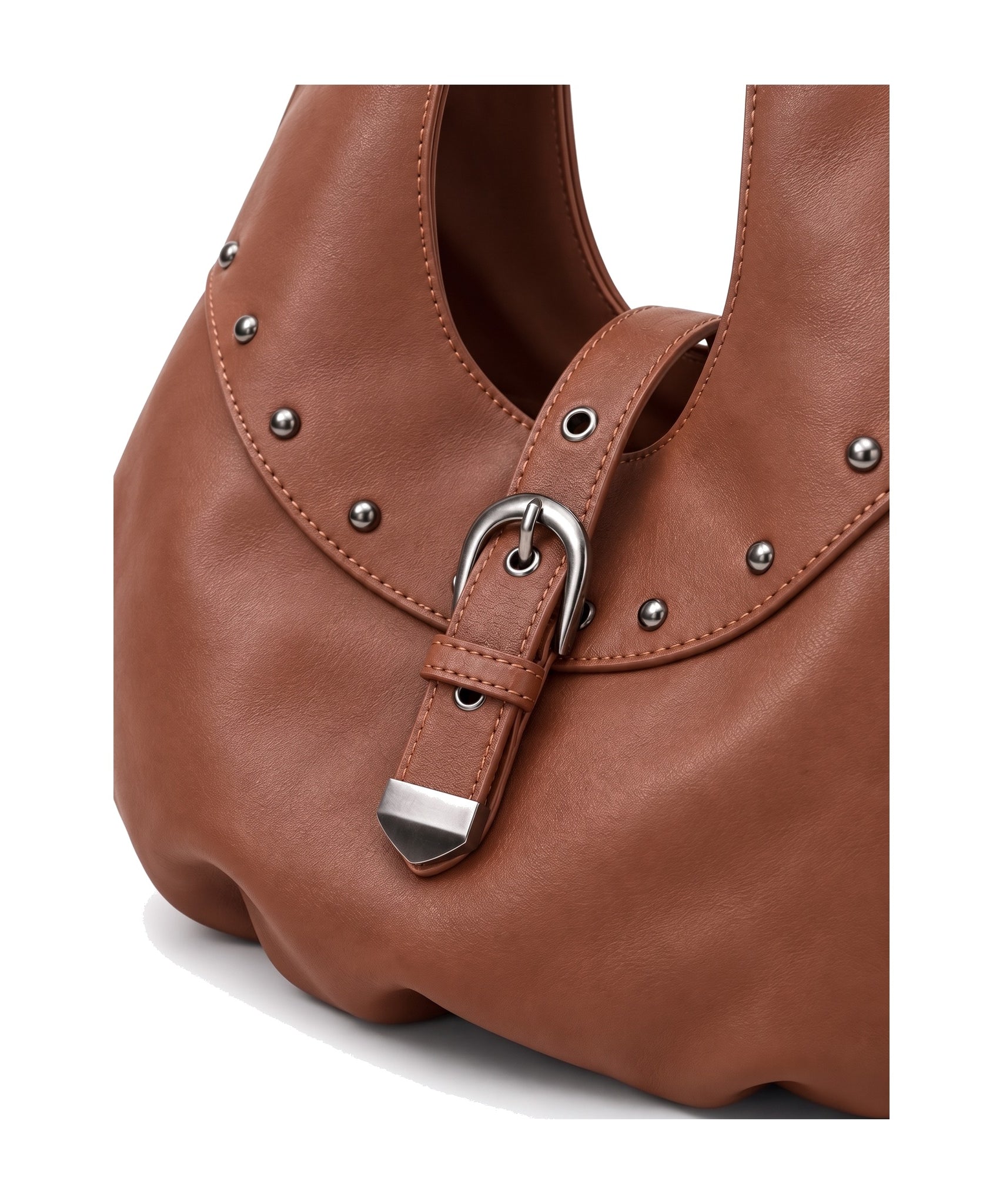 Metal Zımba Detaylı Kilit Aksesuarlı Büyük Boy Hobo Omuz Çantası - Taba