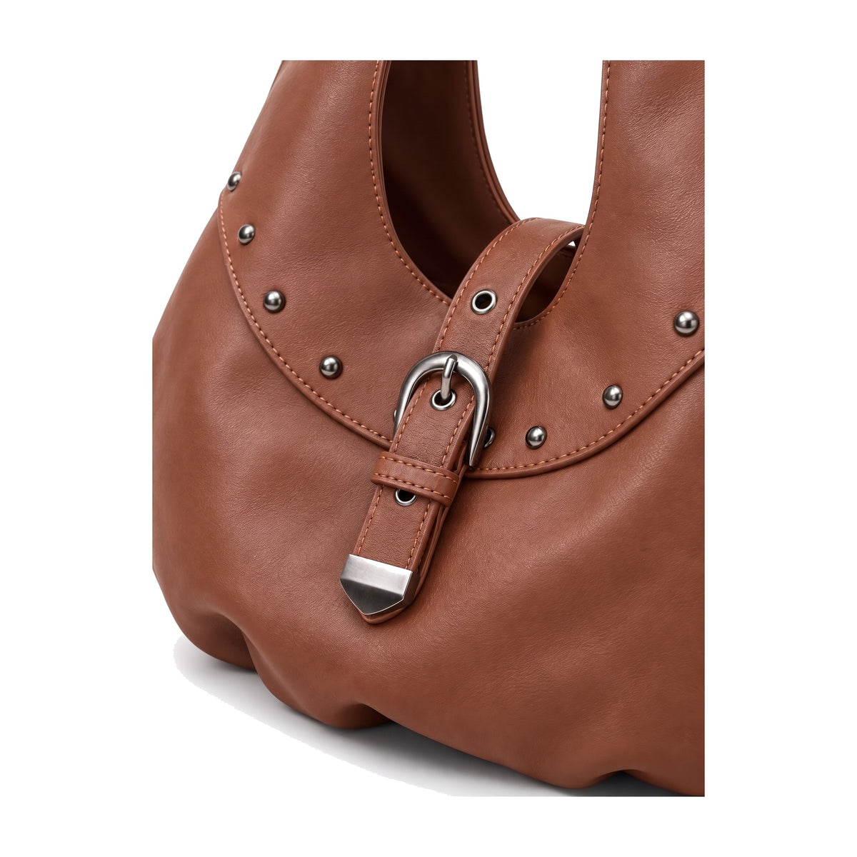 Metal Zımba Detaylı Kilit Aksesuarlı Büyük Boy Hobo Omuz Çantası - Taba