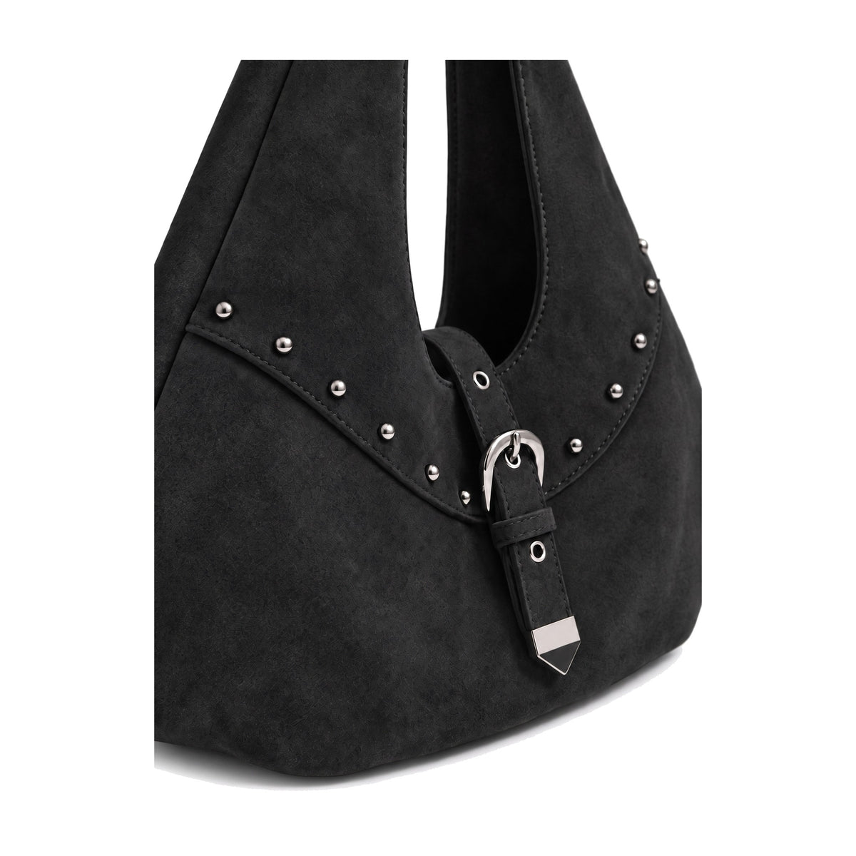 Metal Zımba Detaylı Kilit Aksesuarlı Büyük Boy Hobo Omuz Çantası - Siyah Süet