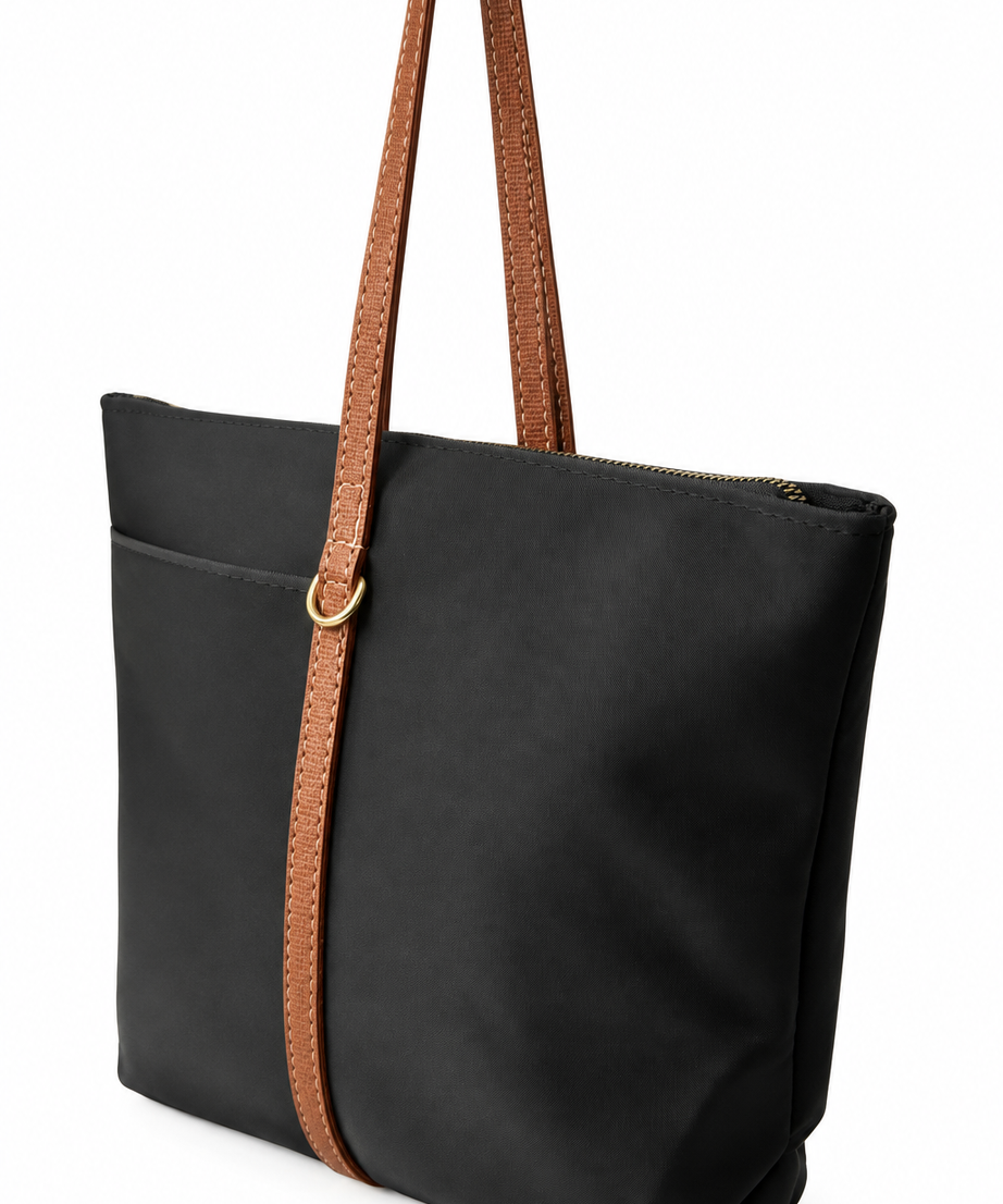 Siyah taba shopper çanta beyaz fon