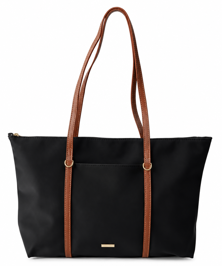 Siyah taba shopper çanta beyaz fon