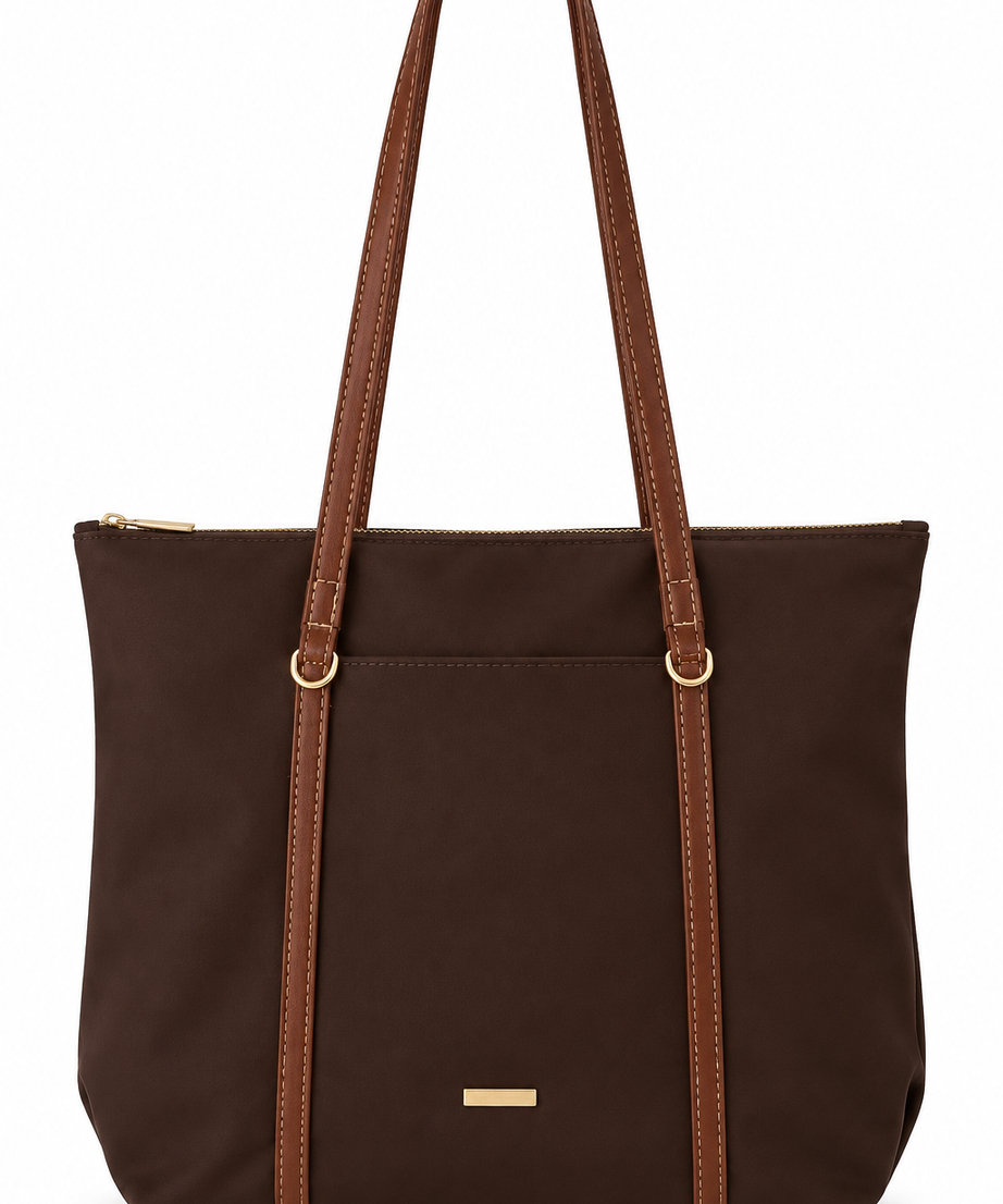 Kahverengi shopper çanta beyaz fon