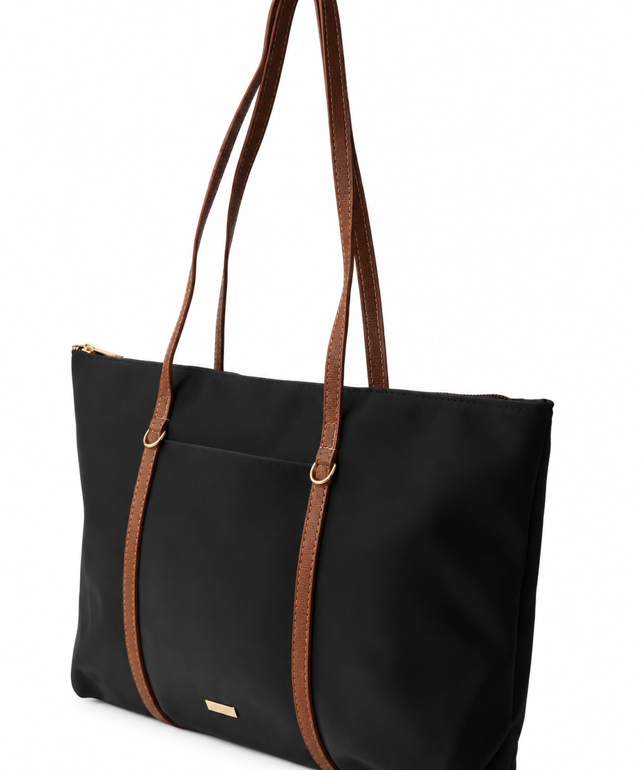 Siyah taba shopper çanta beyaz fon