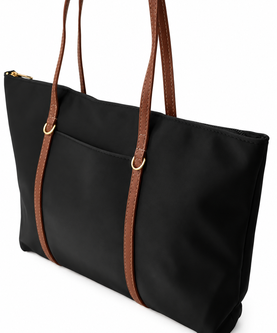 Siyah taba shopper çanta beyaz fon