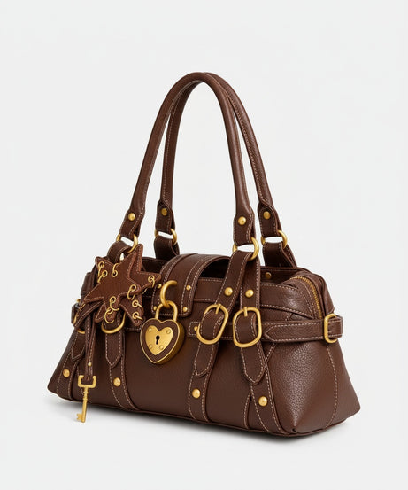 Kısche Kalp Kilitli Charm Detaylı Premium Çanta KISCHE-001 - KAHVE