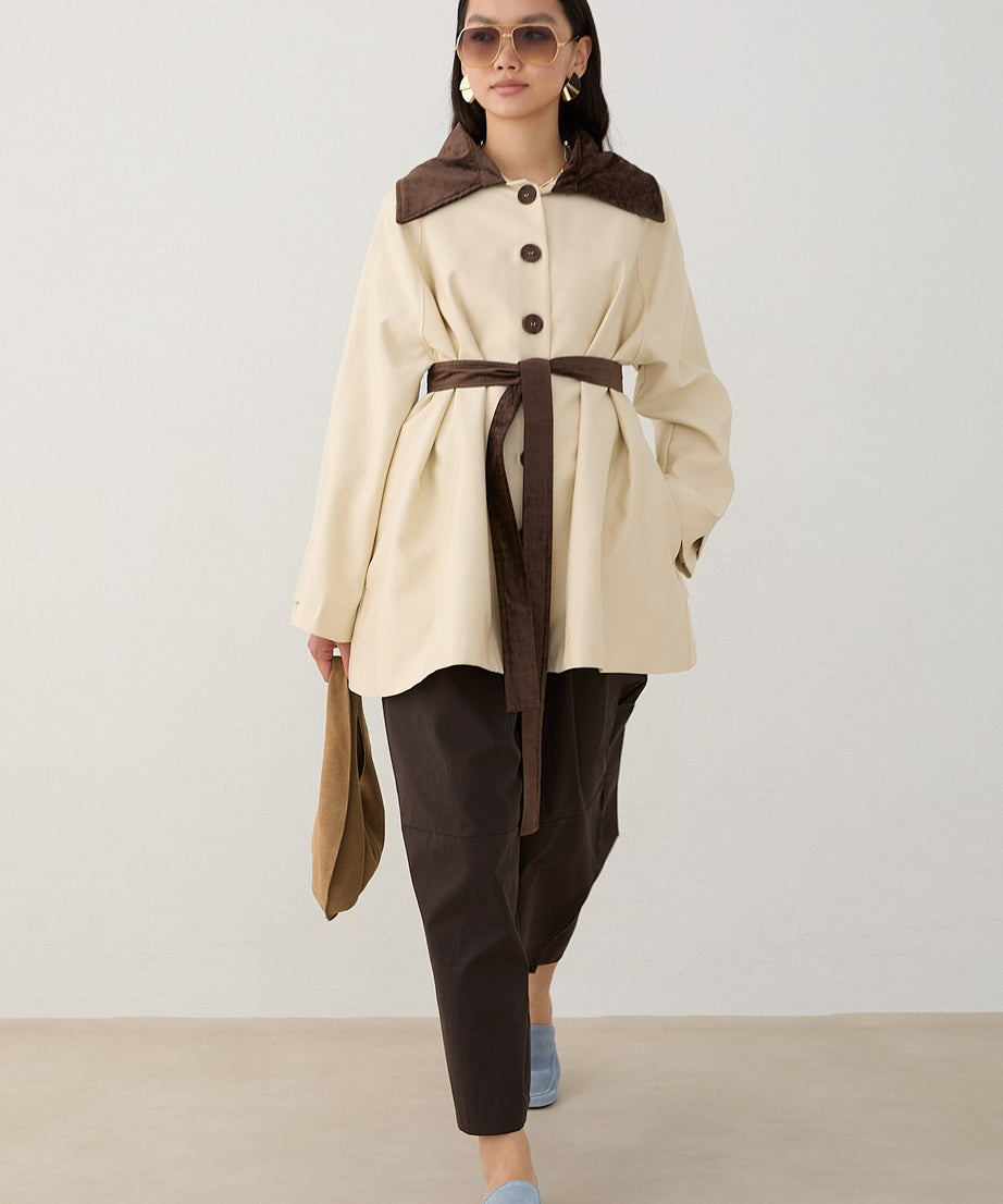 Süet Yakalı Oversize Trenç - Bej