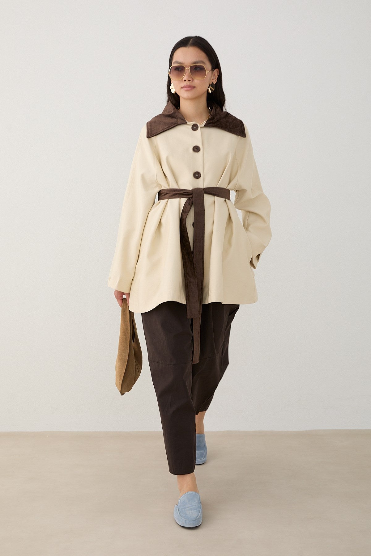 Süet Yakalı Oversize Trenç - Bej
