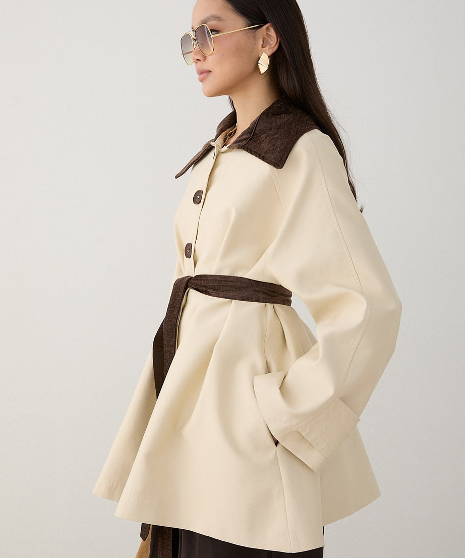 Süet Yakalı Oversize Trenç - Bej