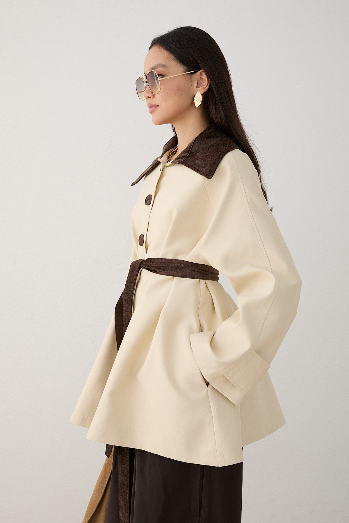 Süet Yakalı Oversize Trenç - Bej