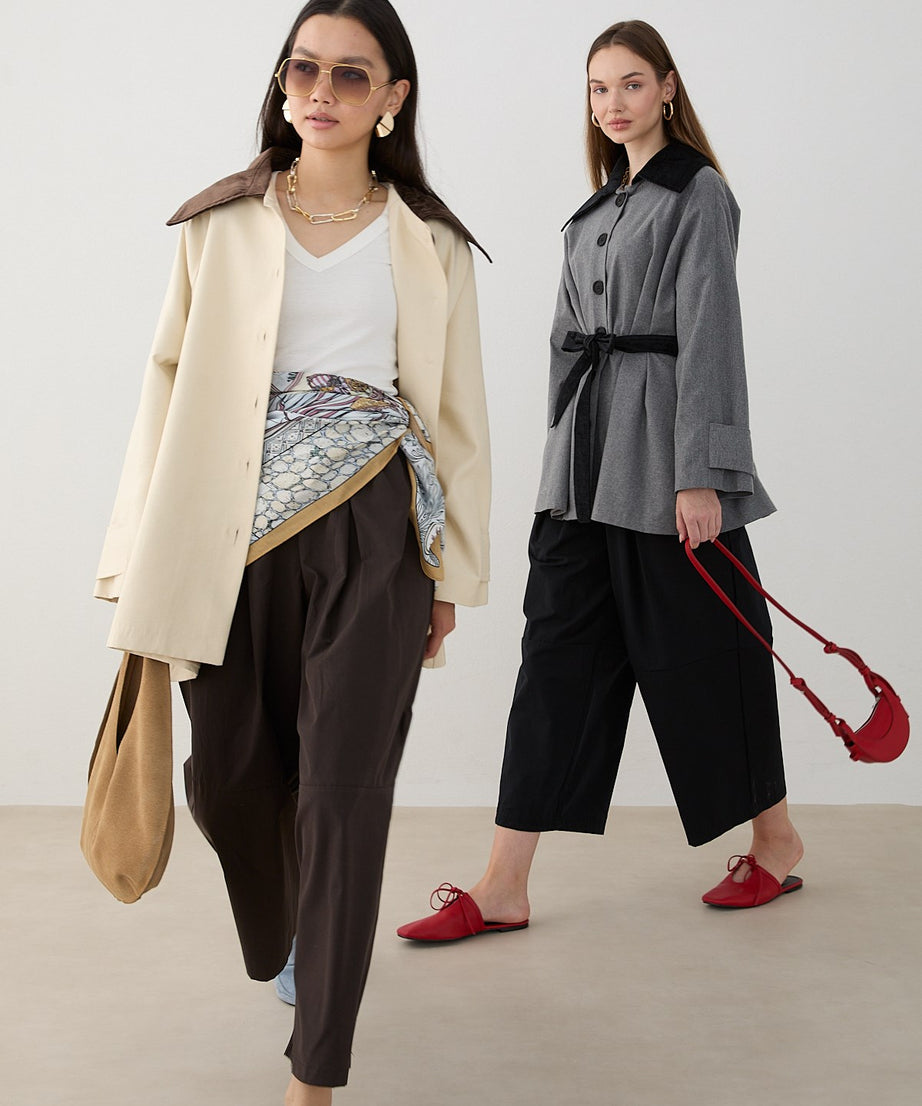 Süet Yakalı Oversize Trenç - Bej