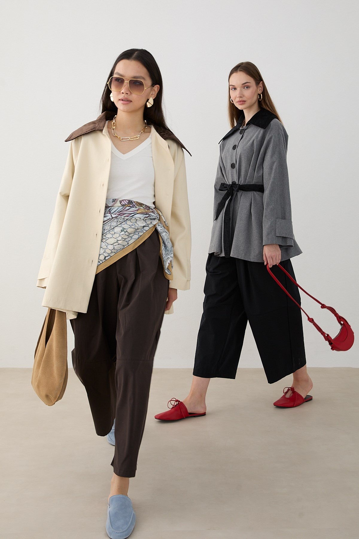 Süet Yakalı Oversize Trenç - Bej