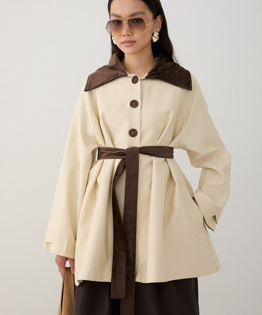 Süet Yakalı Oversize Trenç - Bej