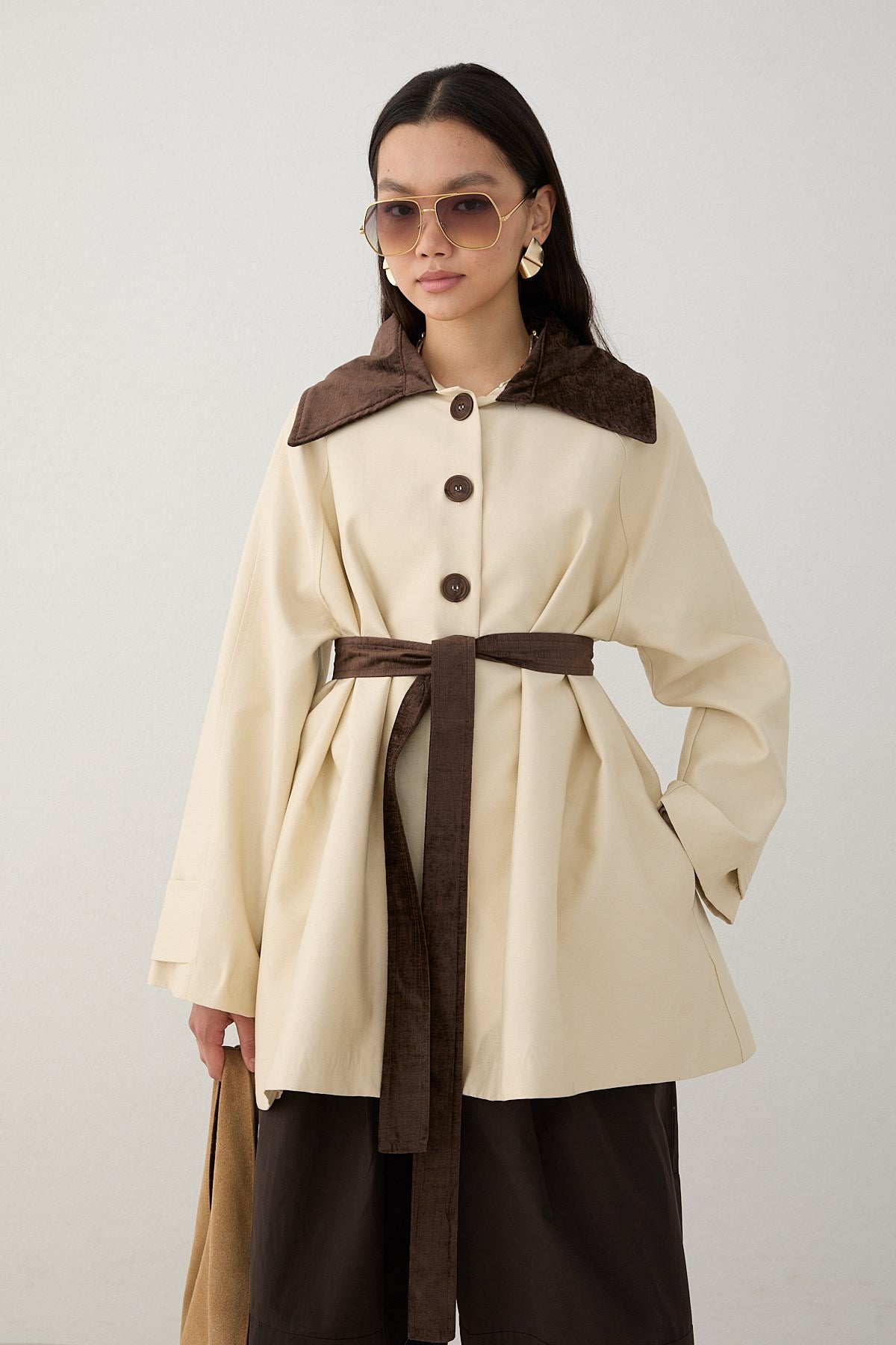 Süet Yakalı Oversize Trenç - Bej