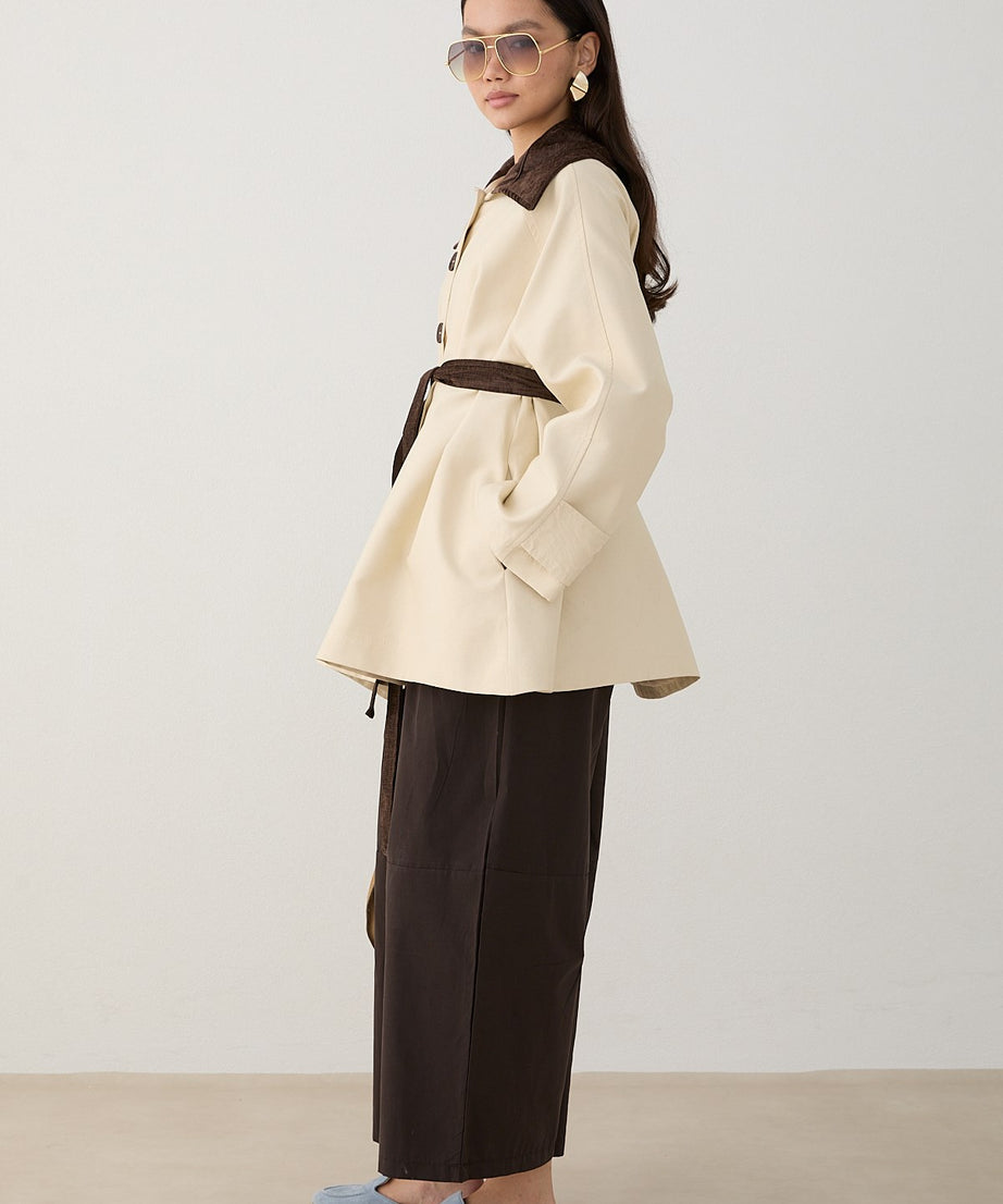 Süet Yakalı Oversize Trenç - Bej