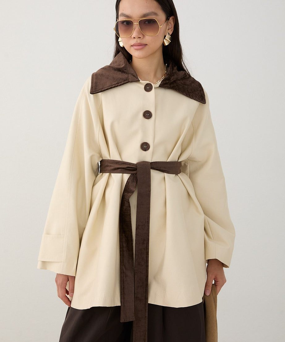 Süet Yakalı Oversize Trenç - Bej