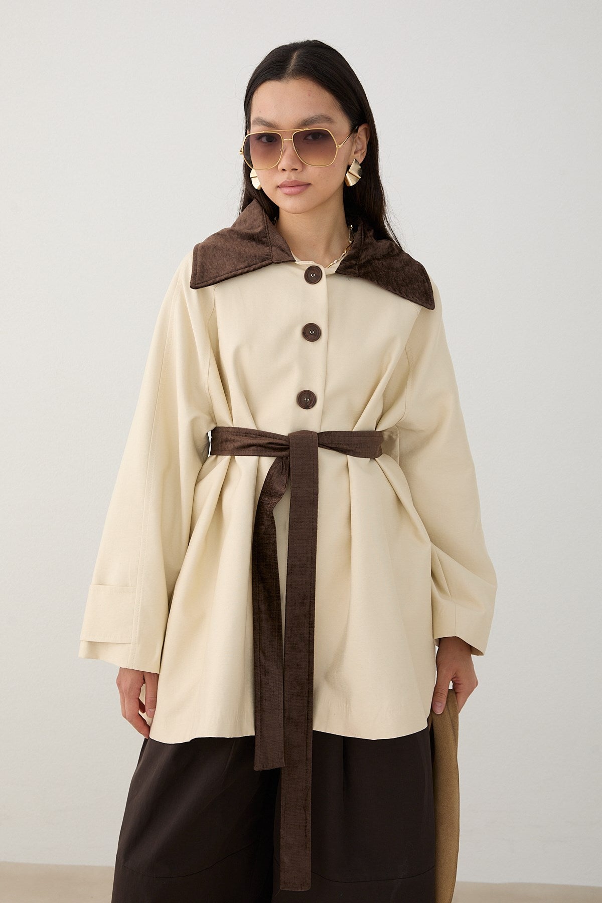 Süet Yakalı Oversize Trenç - Bej