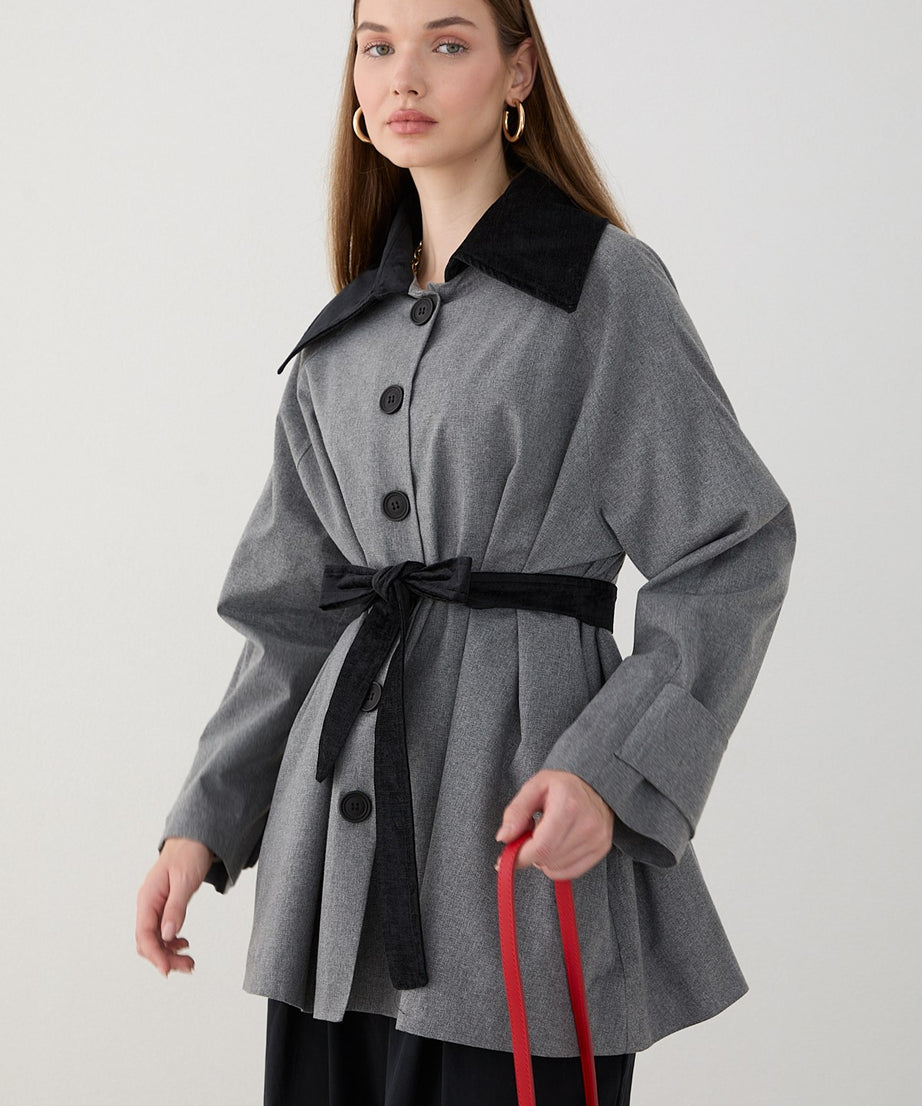 Süet Yakalı Oversize Trenç - Gri