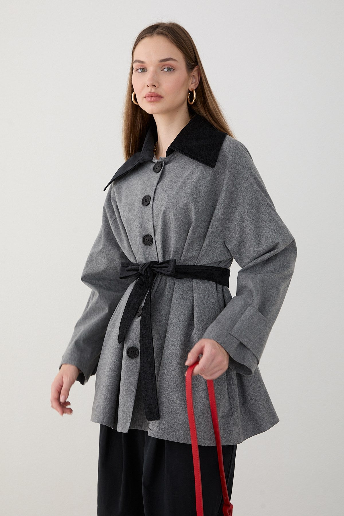 Süet Yakalı Oversize Trenç - Gri