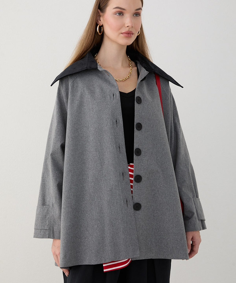 Süet Yakalı Oversize Trenç - Gri