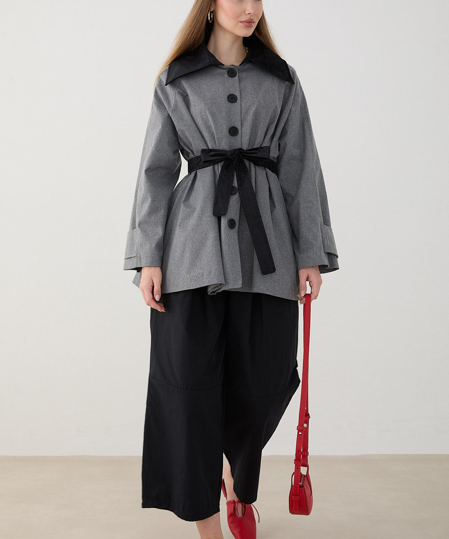 Süet Yakalı Oversize Trenç - Gri