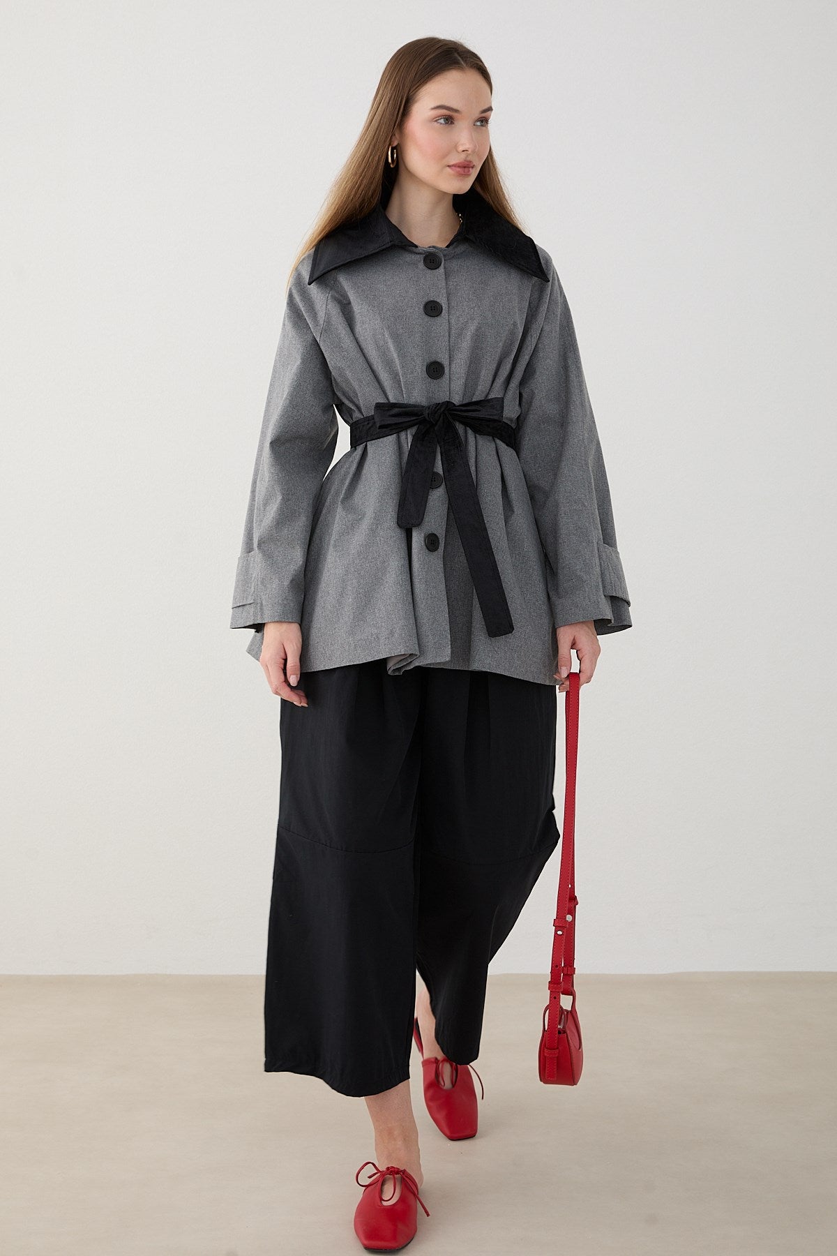 Süet Yakalı Oversize Trenç - Gri