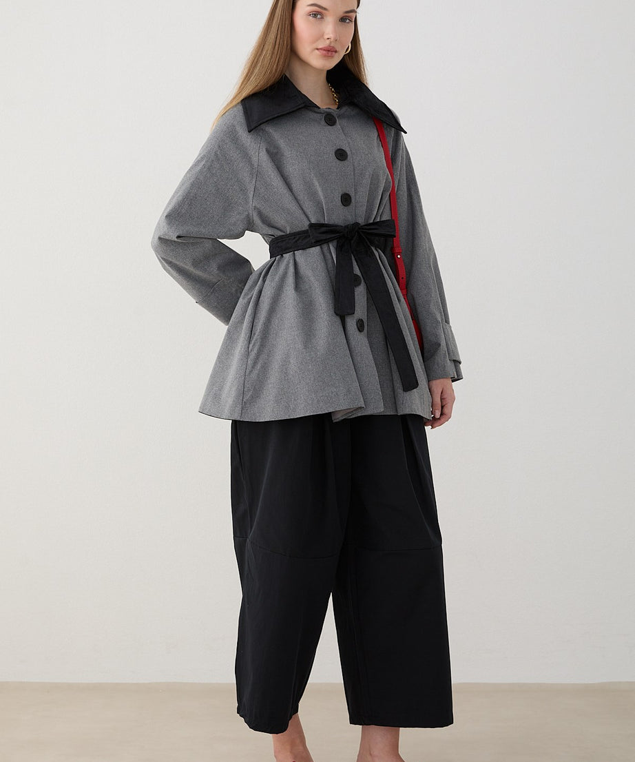 Süet Yakalı Oversize Trenç - Gri