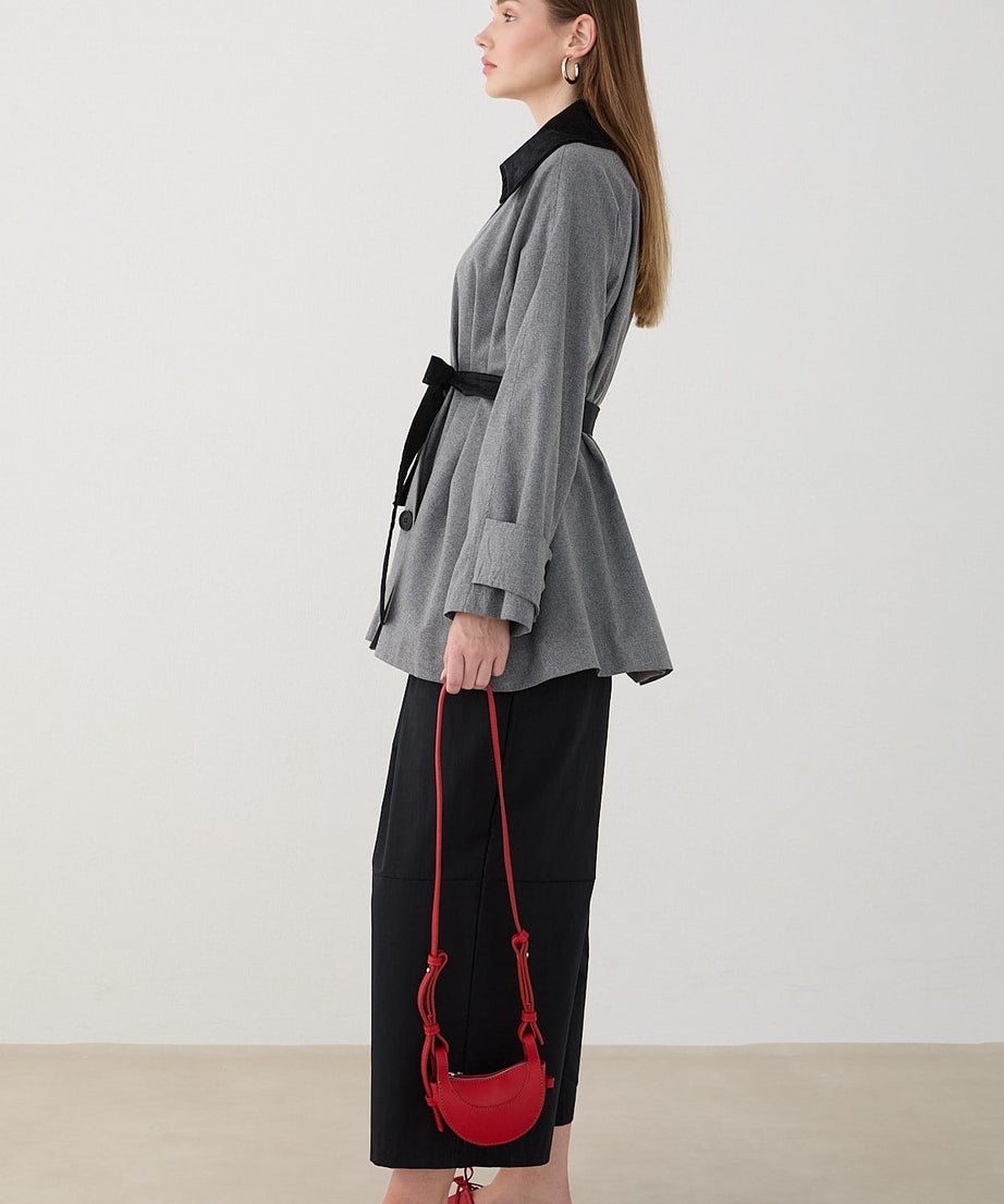Süet Yakalı Oversize Trenç - Gri