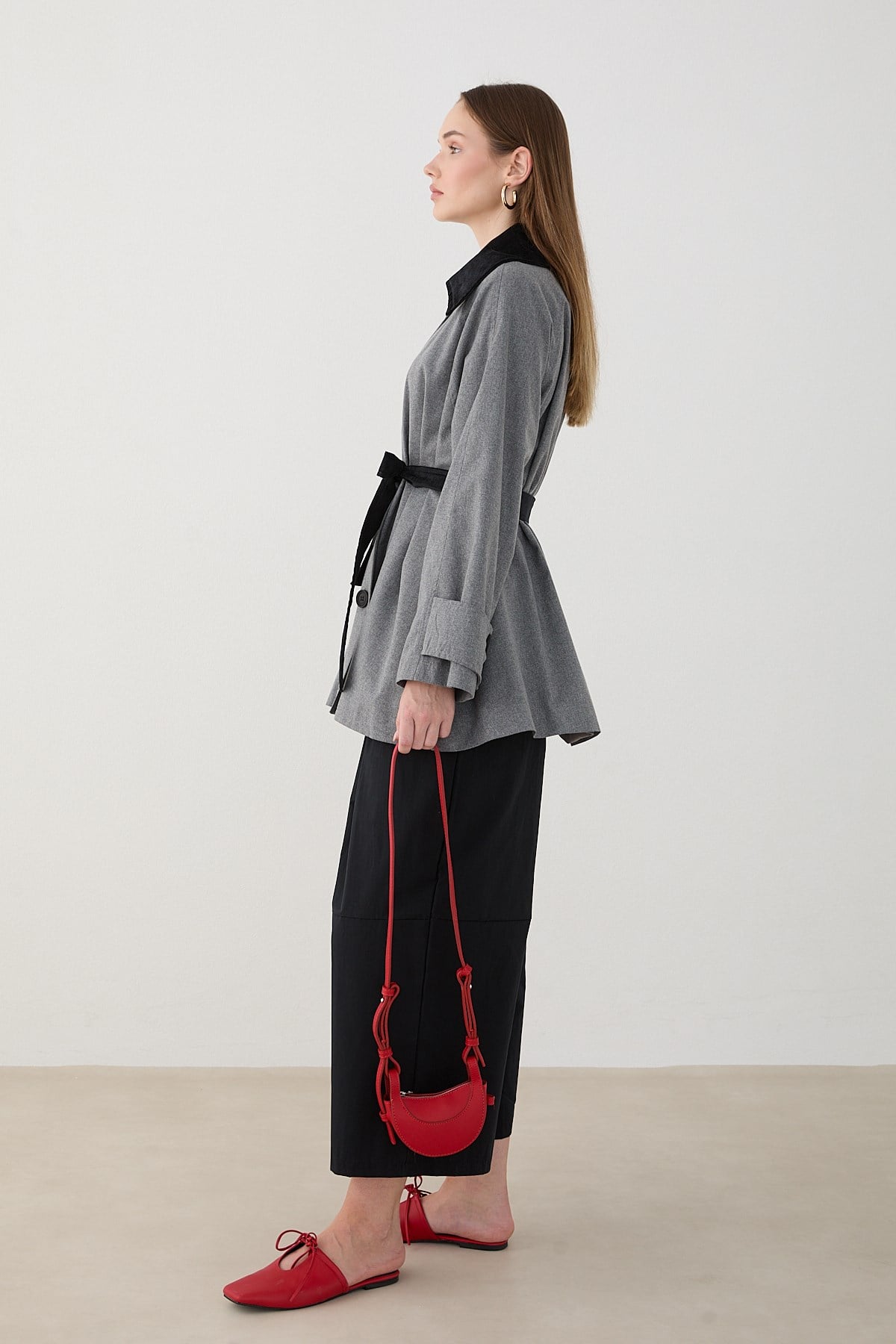 Süet Yakalı Oversize Trenç - Gri