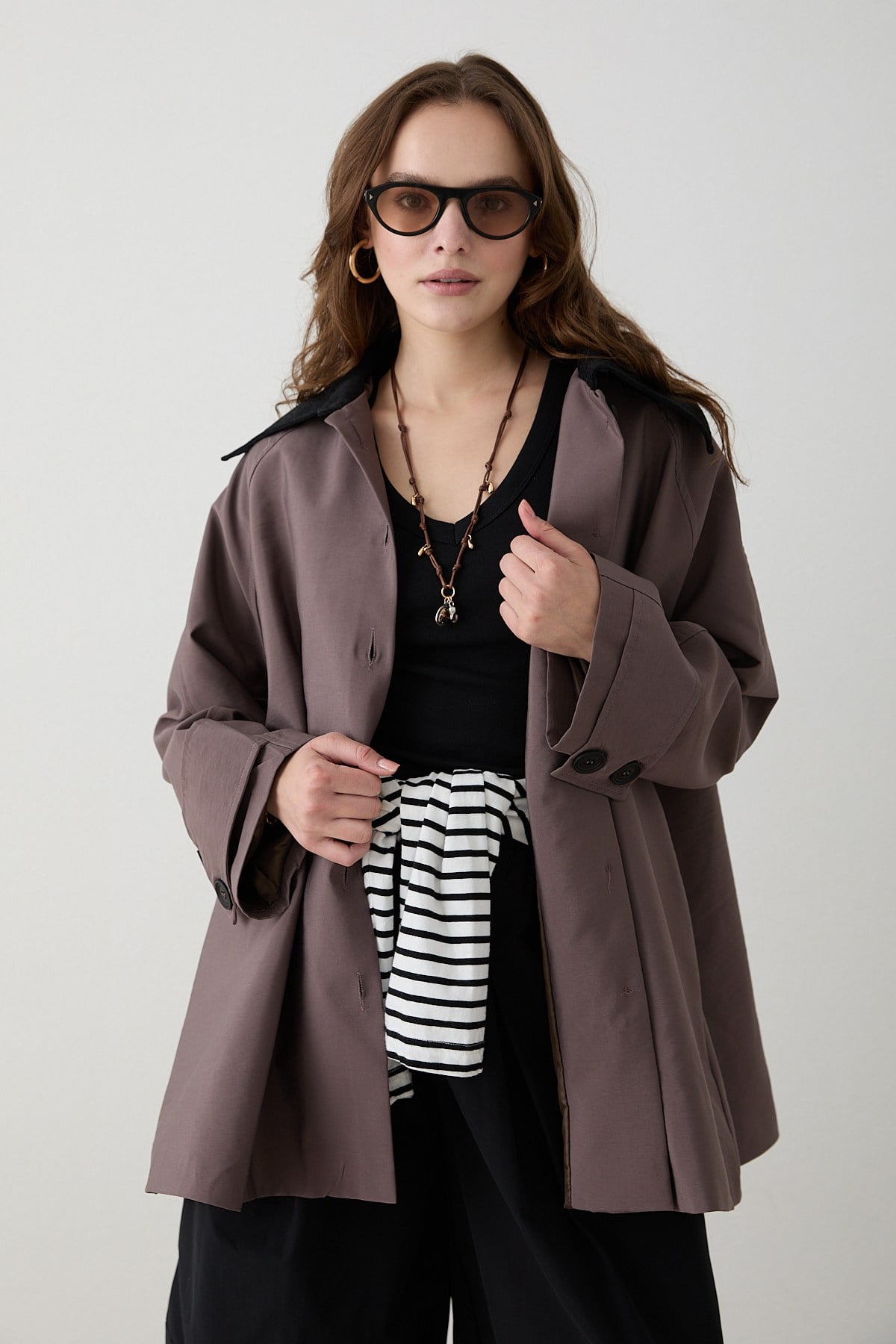 Süet Yakalı Oversize Trenç - Gül