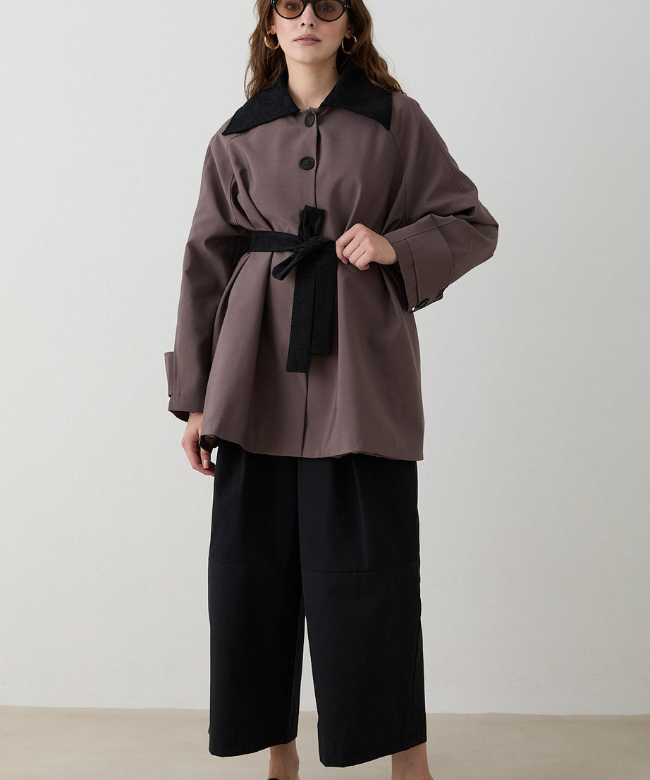 Süet Yakalı Oversize Trenç - Gül