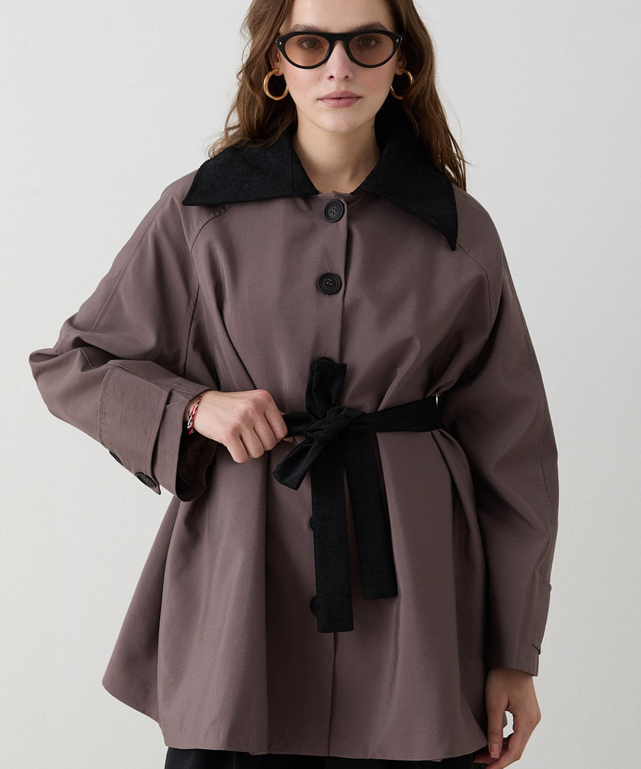 Süet Yakalı Oversize Trenç - Gül