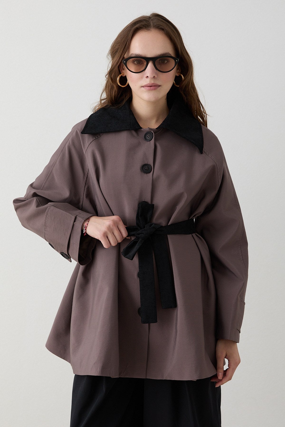 Süet Yakalı Oversize Trenç - Gül