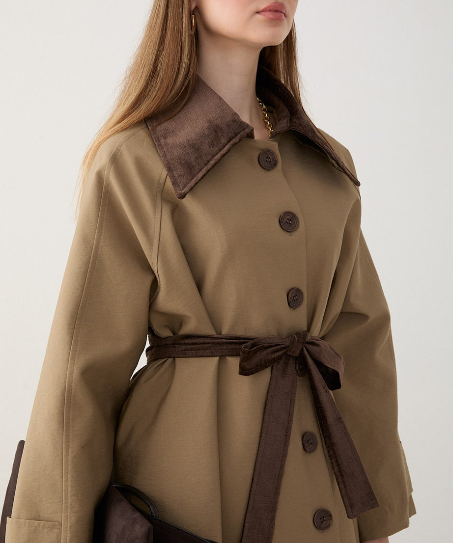 Süet Yakalı Oversize Trenç - Haki